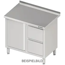 Stalgast Arbeitsschrank mit Flügeltür, 1000x600x850 mm, mit 2er Schubladenblock links, ohne Aufkantung, verschweißt