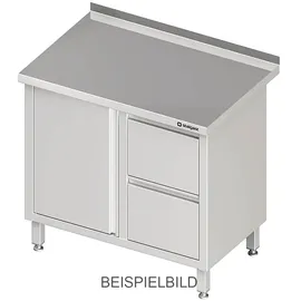 Stalgast Arbeitsschrank mit Flügeltür, 1000x600x850 mm, mit 2er Schubladenblock links, ohne Aufkantung, verschweißt