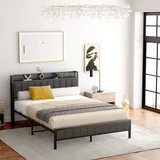 okwish Polsterbett Metallbett 140×200cm Bettgestell mit Lattenrost,Jugendbett mit mit Steckdose, 2 USB-Ladeanschlüssen, LED-Beleuchtung,Gepol... - Schwarz