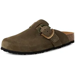 Clog TAMARIS, Damen, Gr. 41, grün (olivgrün), Veloursleder, unifarben, klassisch, Schuhe, Hausschuh, Schupfschuh, Bequemschuh mit verstellbarer Schnalle