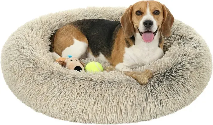Hundebett, rundes Donut-Bett, Sofa, herausnehmbares und waschbares Mittelkissen, weiches Plüschgewebe, Durchmesser: 70 cm, Khaki