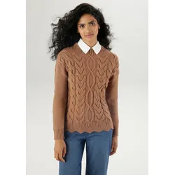 Strickpullover, mit Lochstrickmuster am Wellensaum, Gr. 40, camel, , 11451521-40