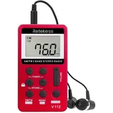 CCYKXA (Rot) V112 tragbares Mini-Radio, tragbares Taschenradio, FM AM, wiederaufladbarer Mini-Walkman, Wecker, 3,5-mm-Kopfhöreranschluss, Outdoor,