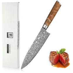 Zayiko Kinone Damast Chefmesser 20 cm Klinge I Wurzelholzgriff Birke