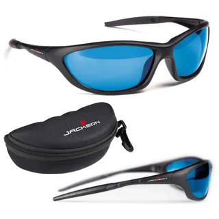 Jackson Polbrille Anglerbrille. Polarisationsbrille Angeln in Profiqualität. Gläserfarbe Blue Mirror. Professionelle Ausführung für Tiefe Einblicke in Gewässer. Lieferung mit Hartschalen-Etui
