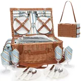 HappyPicnic Wicker Picknickkorb Besteckservice Picknickkorb Isolierter Kühltasche Picknick Set Korb aus Weidengeflecht, für Camping,Outdoor, Weihnachten (L for 4 Persons with Straps)