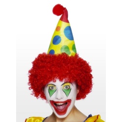 Smiffys Kostüm Clown Spitzhut mit Perücke, Kunterbunter Clownshut mit Wuschelperücke rot