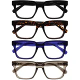 OPULIZE ERA Blaulichtfilter Lesebrille für Damen Herren - Entspiegelt & blendfrei - 4er-Pack UV400-Schutz - Großer rechteckiger Rahmen - Computerbrillen Gaming - Schwarz Braun Blau Grau - +1,00