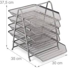 Relaxdays Dokumentenablage, Papierablage für A4 Formate, 4 Fächer, 37,5 x 30 x 35 cm, Mesh-Design, Büro-Ablage, Silber
