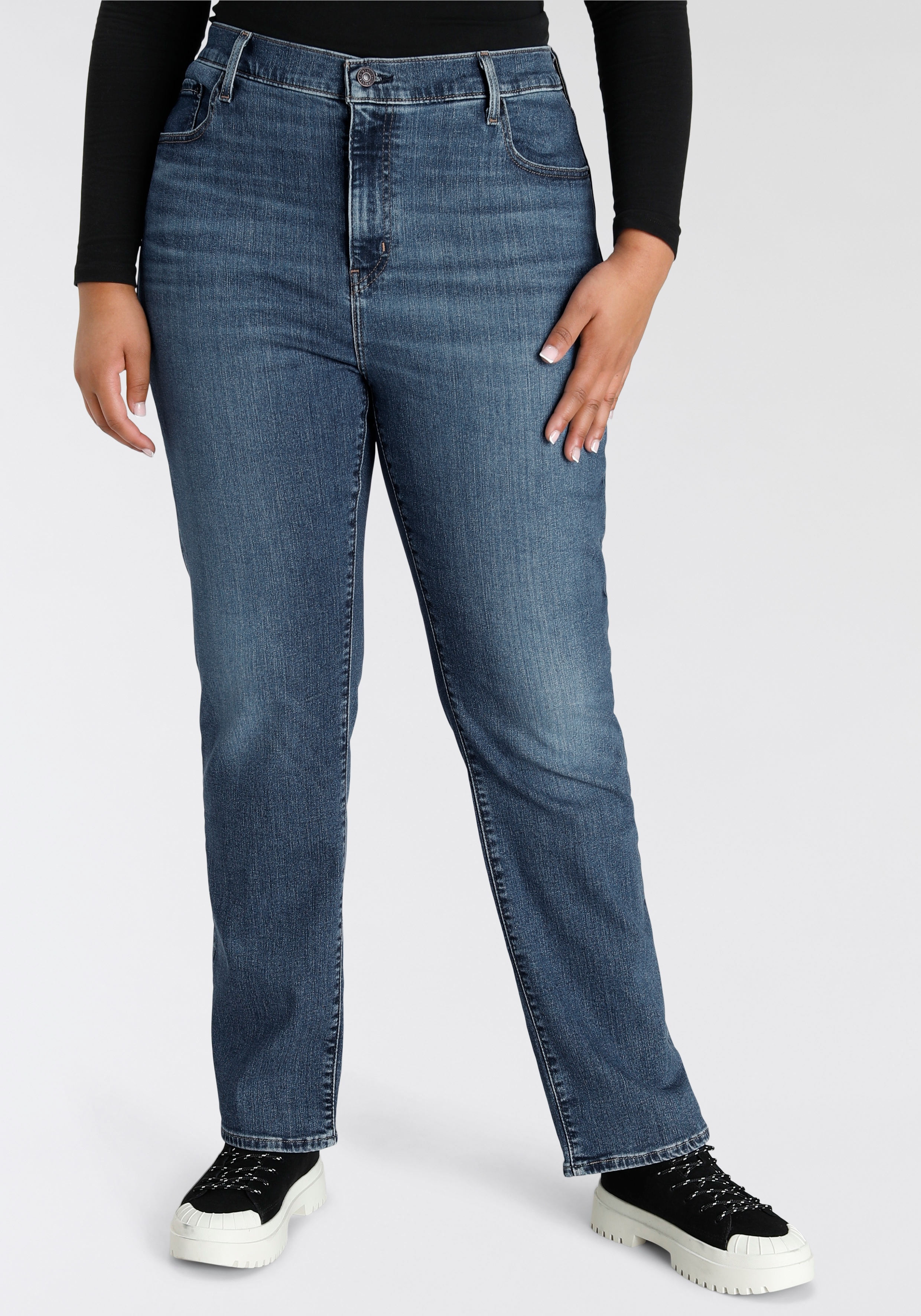 Straight-Jeans LEVI'S PLUS "724 PL HR STRAIGHT" Gr. 16 (46), Länge 34, blau (medium indigo worn in) Damen Jeans Gerade