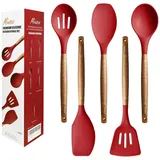 Miusco Silikon Kochlöffel Set, Antihaft-Silikon-Küchenutensilien-Set, 5-teilig, Küchenhelfer Set mit Akazien-Hartholzgriff, Rot, BPA-frei, Silikon-Küchenutensilien-Set zum Backen & Servieren