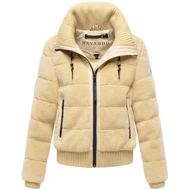 Navahoo Damen Teddy-Fleecejacke warme Winterjacke Plüschjacke mit Rippstrickdetails Schneepuder 14 beige, Gr. M - M