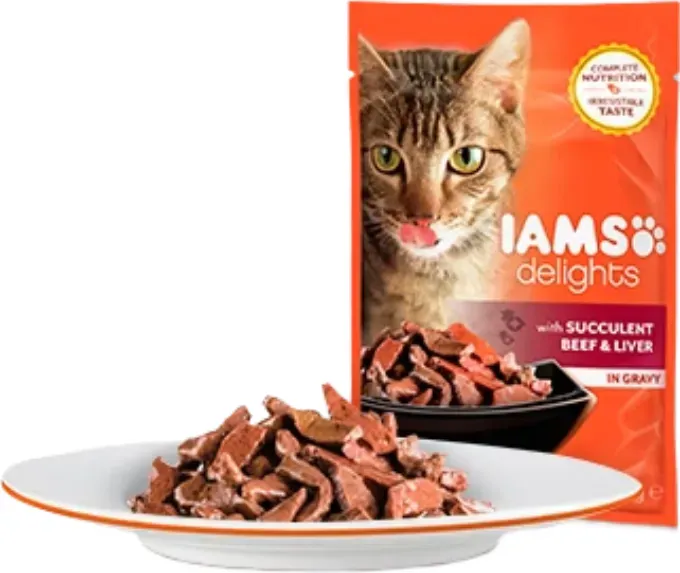 Iams delights Nassfutter für Katzen Rind & Leber in Soße 12 x 85 g