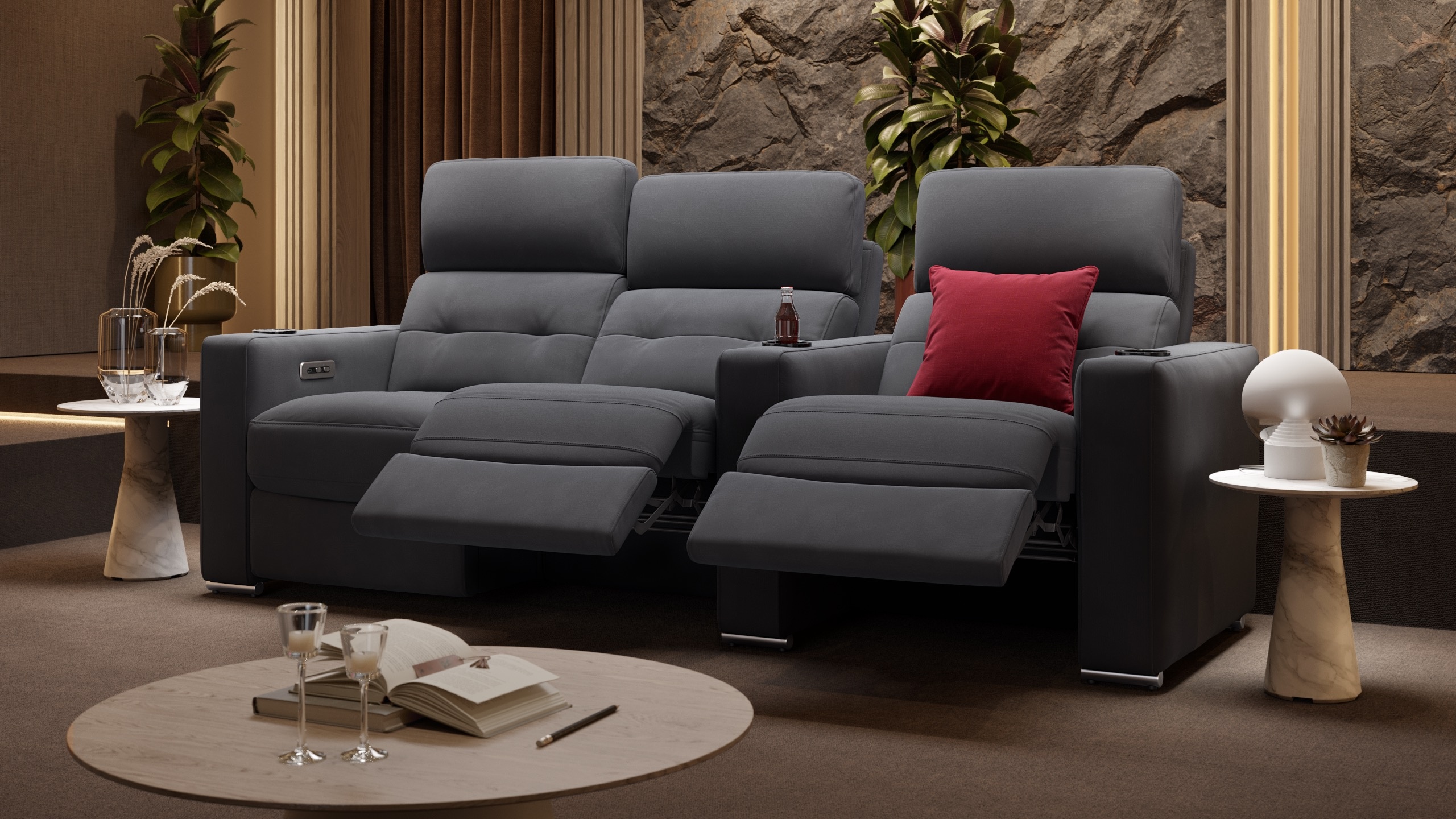 Stoff Kino 3-Sitzer Sofa BARI Relaxcouch Stoffbezug Kino Couch - Grau
