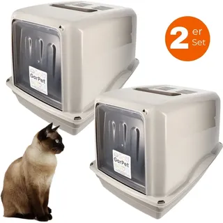 GarPet 2x Katzenklo mit Deckel XXL Katzentoilette große Katzen Klo WC Haubentoilette grau inkl. Aktivkohlefilter Doppelpack Sparpaket