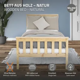 ML-Design Holzbett 90x200 cm Natur, Kiefernholz, Bettgestell mit Lattenrost und Füße, Einzelbett mit Kopf- und Fußteil, Bett für Kinder und Erwachsene, Massivholzbett Kinderbett Jugendbett