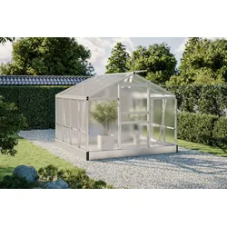OUTFLEXX Flora Gewächshaus, silber, Aluminium, 250 x 250 x 205 cm, robust, korrosionsbeständig, witterungsbeständig, Spitzdach