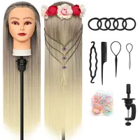Trainingsköpfe, 28 inch Frisierkopf 100% Synthetikfaser-Haar Übungskopf, Frisurenkopf Ausbildung Kopf Mit Halter + DIY Haar Styling Braid Set (Golden)
