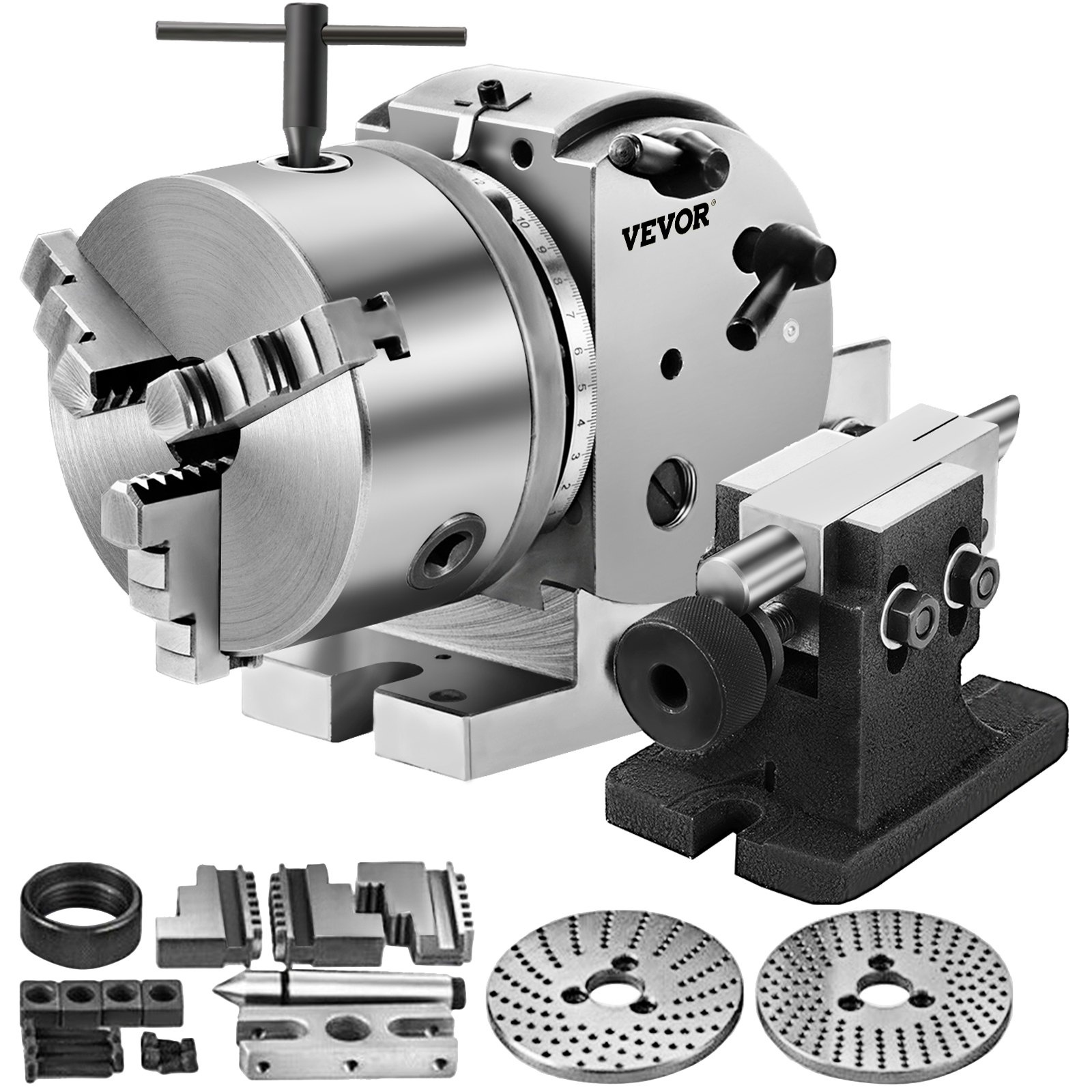 VEVOR Teilapparat mit backenfutter MT2, Rotary Tisch mit Indizierung Höhe der Mitte 100 mm, Dividing Head 23 kg, Rotary Tisch mit Tellern, Eine Starke Unterstützung zu Bearbeitenden Werkstück