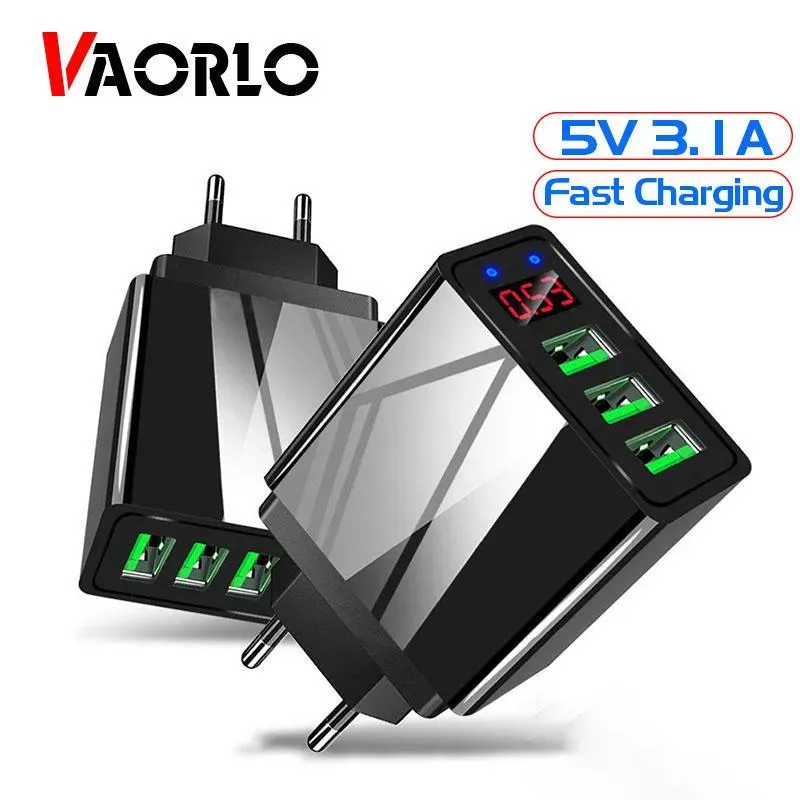 VAORLO LED-Ladegerät, USB-Anschluss, 5 V, 3,1 A, Schnellladung, drei Anschlüsse für USB-Ladekabel, EU-ES-Stecker, LED-Anzeige