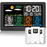 Qxmcov Wetterstation Funk mit Außensensor, Multifunktionale Wetterstation Funk mit 3 Außensensor Digital Thermometer Hygrometer Außen Innen Raumthermometer Hydrometer mit Wettervorhersage für Hau