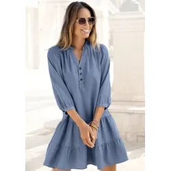 Jeanskleid LASCANA, Damen, Gr. 44/46, N-Gr, blau (denim, blau), Web, Obermaterial: 100% Lyocell (TENCEL), unifarben, modisch, figurumspielend, V-Ausschnitt, 3/4-Ärmel, Kleider, mit Rüsche am Kragen und Knopfleiste, Blusenkleid, Tunikakleid