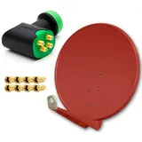 PremiumX DELUXE SAT Anlage für 4 Empfänger 100cm Satellitenantenne ALU Ziegelrot mit Green Diamond Quad LNB inkl. 8x F-Stecker