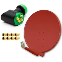 PremiumX DELUXE SAT Anlage für 4 Empfänger 100cm Satellitenantenne ALU Ziegelrot mit Green Diamond Quad LNB inkl. 8x F-Stecker