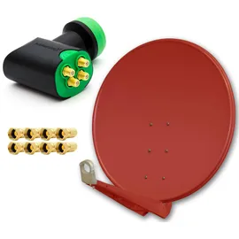 PremiumX DELUXE SAT Anlage für 4 Empfänger 100cm Satellitenantenne ALU Ziegelrot mit Green Diamond Quad LNB inkl. 8x F-Stecker