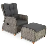 Garten-Relaxsessel mit Hocker, bis 130 kg Belastbarkeit, mit Polster, pflegeleichtes & wetterfestes Polyrattan, Mittelgrau/Dunkelgrau, Raburg Alisa