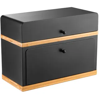 Kos Design brotkasten schwarz - 2 Etagen Brotbox Metall Holz, Brotaufbewahrung für Küche, Brotbox mit Metall Brotdose, Stilvolle Bread Box Aufbewahrungsbox für Brot und Gebäck, Robuste Brotkiste