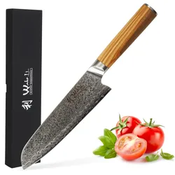 Damast Santoku Messer I 18cm Klinge aus 67 Lagen Damaststahl I Olivenholzgriff