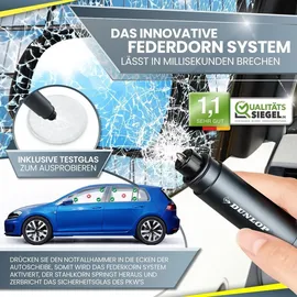 Dunlop Gurtschneider Notfallhammer - Marken Notfall Hammer mit Testglas zum Üben - Federkorn Nothammer - Emergency Car Tool