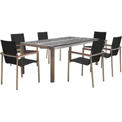 OUTFLEXX Garten-Essgruppe, silber/schwarz, Edelstahl/Granit/Textil, 200x100 cm, 6 Gartensessel, Teakarmlehnen