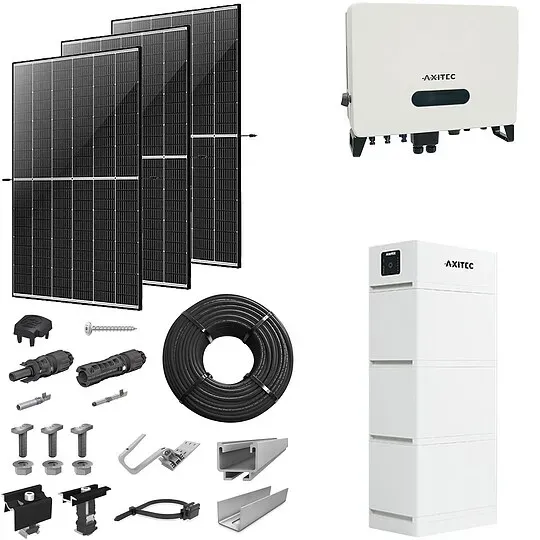 PV-Komplettanlage 10 kWp mit AXITEC Wechselrichter 10 kW + Stromspeicher 10,1 kWh, 24 Solarmodulen Glas-Glas black frame & Montagesystem Aufdach (* 0% MwSt. gem. §12 Abs. 3 UstG)