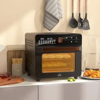 Homcom Minibackofen mit Umluft 20L 3 in 1 Mini Ofen mit Grillrost, Backblech Krümelblech, 40 °C-220 °C Heißluftfritteuse mit Frittierkorb, Timer, Edelstahl