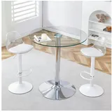 STILVORA Essgruppe Bar-Set mit 89 cm Glastisch und 2 Hocker mit weißen Beinen drehbar