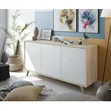 Dmora - Arvada-Sideboard, Küchenbuffet, Wohnzimmer-Design-Garderobe, modernes Sideboard mit 3 Türen und Regalen, 154 x 40 x 75 cm, Eiche und Weiß