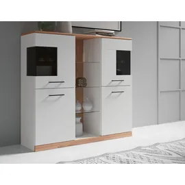 OTTO home Highboard OTTO HOME "Ribe,120cm breit,112cm hoch,Oberplatte massiv,12 Fächer", weiß (weiß, kernbuche), B:120cm H:112cm T:35cm, Sideboards, Highboard, Oberplatte Massivholz,schwarze Metall Griffe,2 Türen mit Glaseinsatz