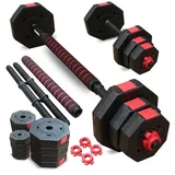 SPORTINATOR Curls 2-in-1 Kurz + Langhantel 20 kg Set | Gusseisen Hanteln mit rutschfestem Griff | Verbindungsstange für schnelles Wechseln | für Krafttraining & Muskelaufbau (Schwarz/Rot 20 kg)