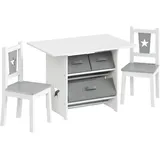 Woltu Kindersitzgruppe mit 2 Stühlen 3 Aufbewahrungskörben  Kiefer grau-weiß