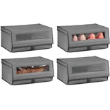 mDesign 4er-Set Schuhaufbewahrung aus Stoff – stapelbare Schuhbox mit Sichtfenster, Klettverschluss und Klappdeckel – Aufbewahrungsbox für den Schrank oder das Regal – dunkelgrau