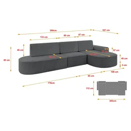 altdecor Eckcouch Cord 5-Sitzer Dunkelgrau