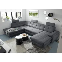 Wohnlandschaft ED EXCITING DESIGN "Alba U-Form", grau (anthrazit), B:349cm H:88cm T:233cm, 100% Polyester, Sofas, mit Bettfunktion, Bettkasten, Kopfstützen, Armteilverstellung