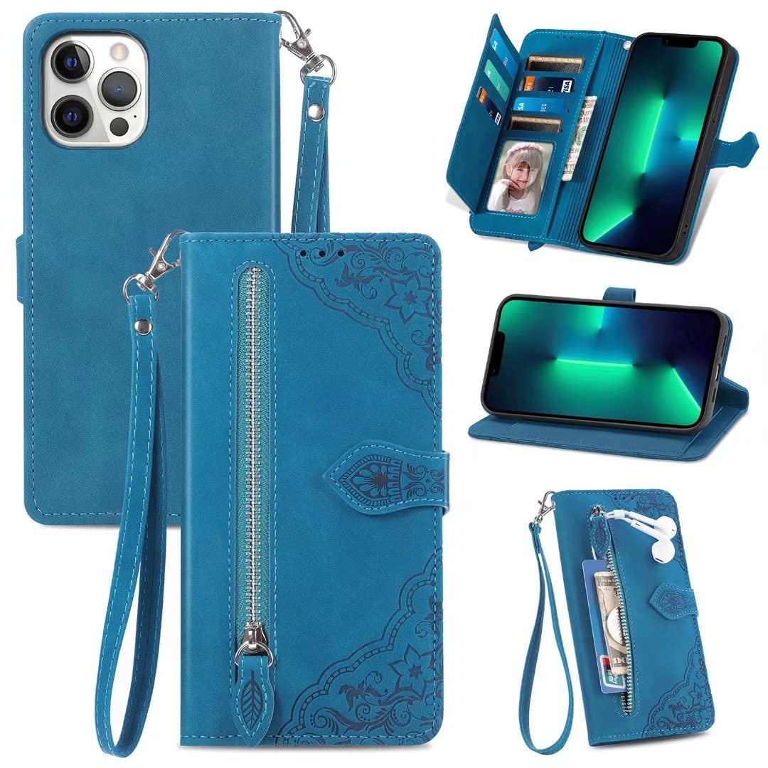 Handytasche für Huawei P60/P60 Pro Hülle Case Reißverschluss Handyhülle Leder Tasche für Huawei P60/P60 Pro Flipcase Cover Silikon Schutzhülle Ledertasche Skin Ständer Klapphülle Magnet blau