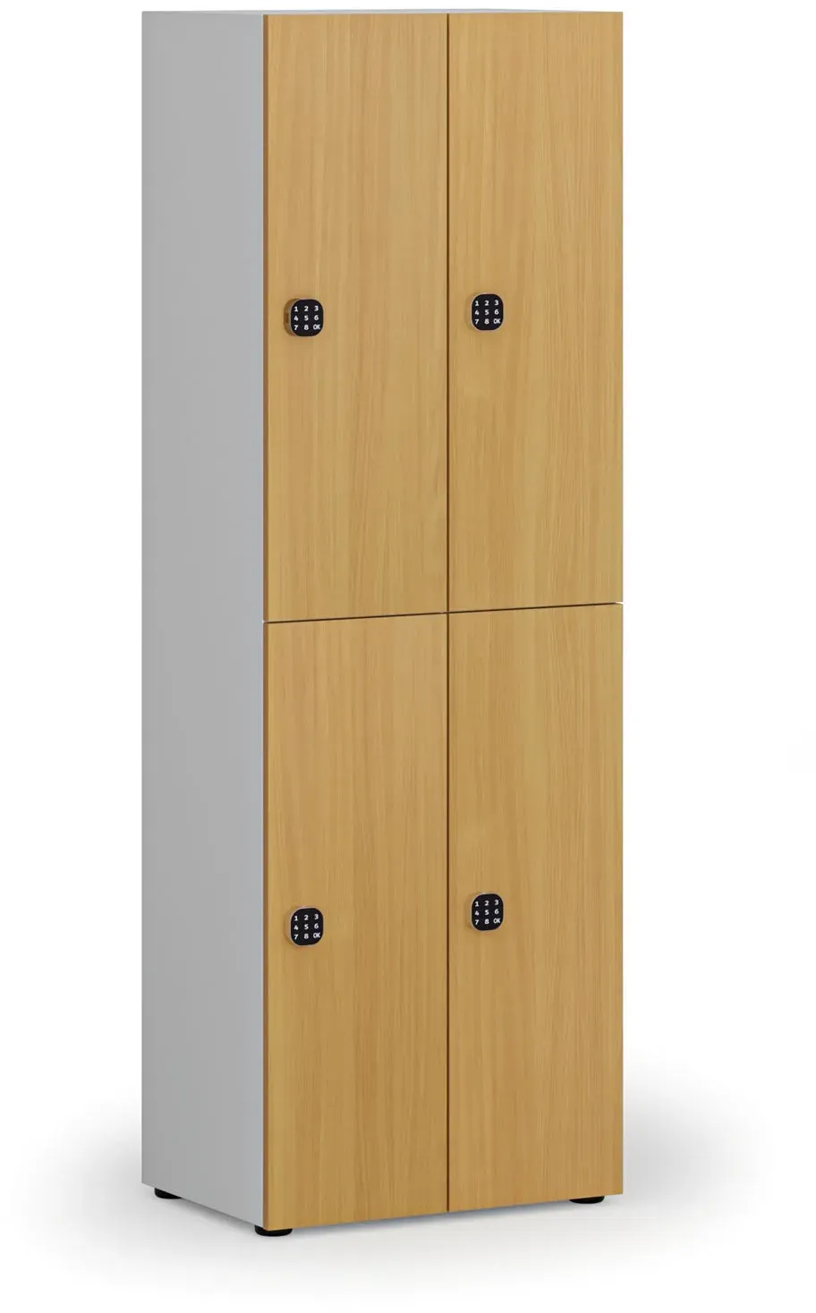 Holzspind S4 mit Ablagefächern, 4 Fächer, zerlegt, Codeschloss, grau/Buche