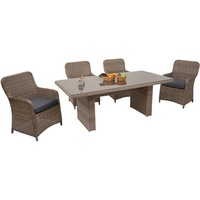 Mendler Poly-Rattan Garnitur HWC-E98, Balkon-/Garten-/Lounge-Set Sitzgruppe, Spun Poly halbrundes Rattan MVG beige Kissen grau