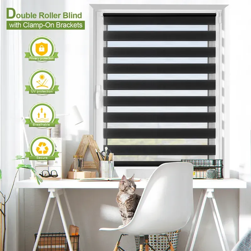 EcoHue DuoRollo Klemmfix-Doppel-Jalousie, keine Bohrung erforderlich, mit Klemmhaltern, für Fenster und Türen, Dunkelgrau, W 35 cm x H 150 cm, 1 Stück