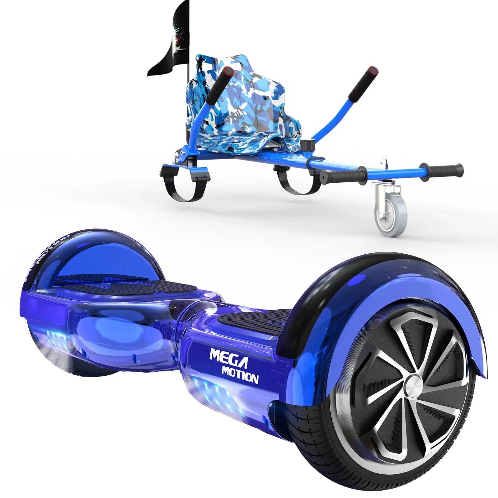 Mega Motion Hoverboards mit Go-Kart, Hoverboards mit Sitz, Self Balance Scooter mit Hoverkart 6,5 Zoll Hoverboard für Kinder, mit Bluetooth-Lautsprecher und LED-Lichtern, Geschenk für Erwachsene und
