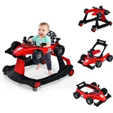 FANTASK 4 in 1 Lauflernhilfe, Baby Walker Autoförmig mit Musikbox, Licht & Rädern, Lauflernwagen klappbar mit einstellbarer Höhe & Geschwindigkeit, Gehfrei Baby ab 6 Monaten, 12kg Belastbar in Rot